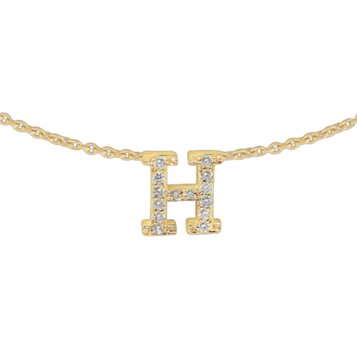 
                  
                    Hanging Initial name necklace with diamonds in 14kt yellow gold (18” chain)
                  
                