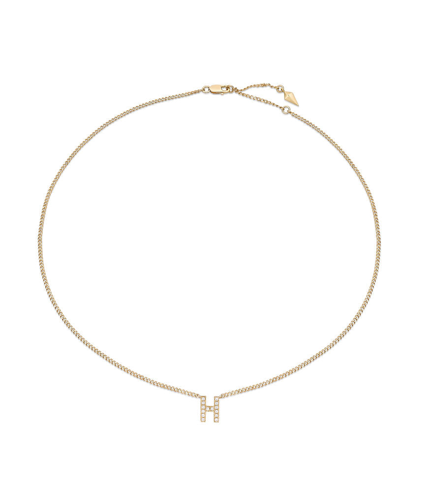 Hanging Initial name necklace with diamonds in 14kt yellow gold (18” chain)