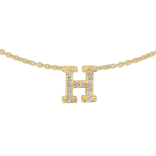 Hanging Initial name necklace with diamonds in 14kt yellow gold (18” chain)