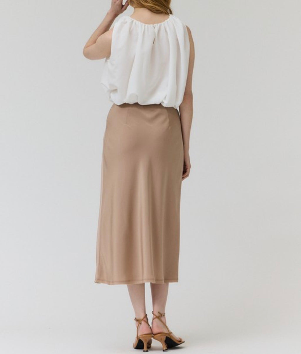 SIENNA SATIN MIDI SKIRT — CHAMPAGNE