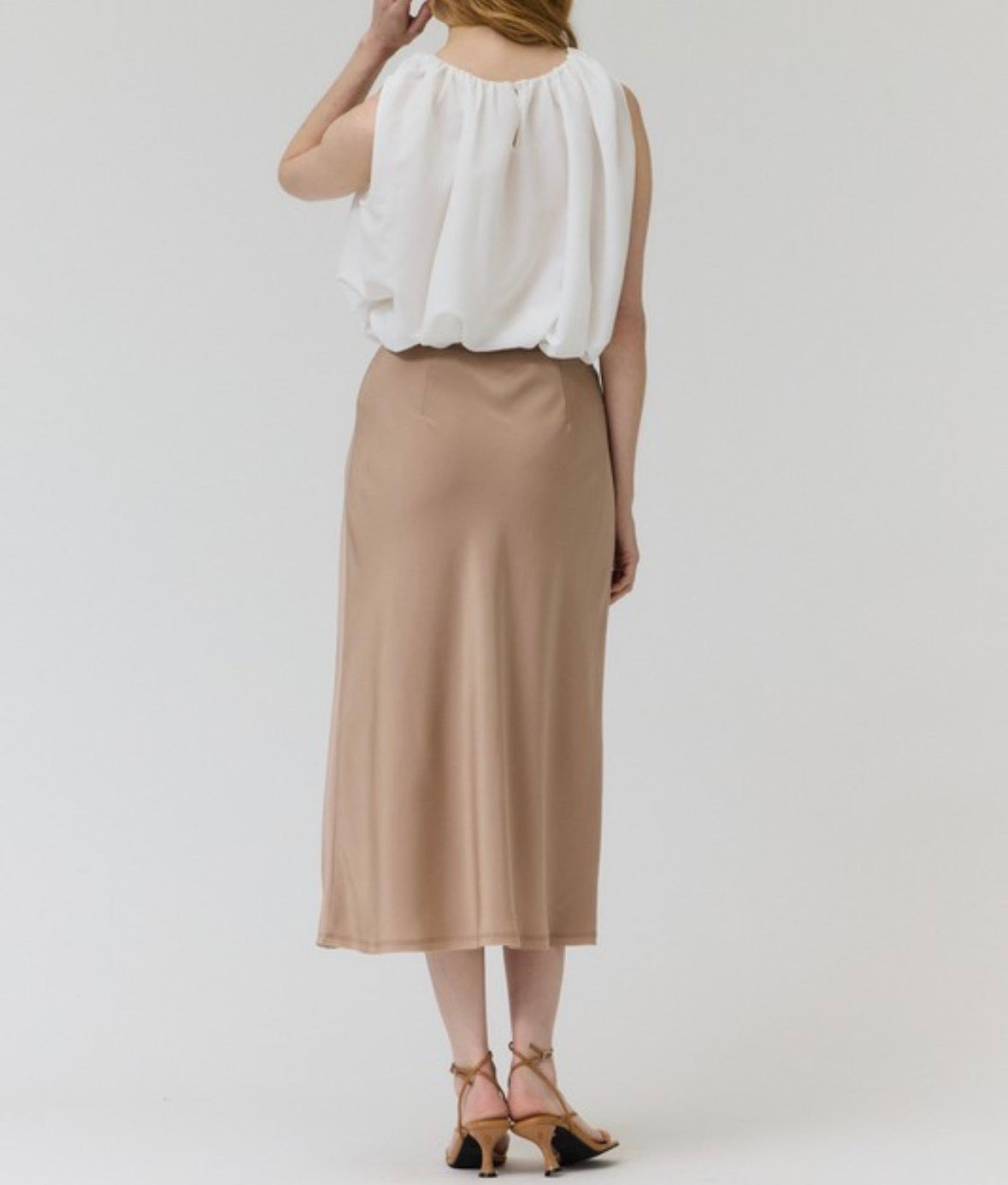SIENNA SATIN MIDI SKIRT — CHAMPAGNE