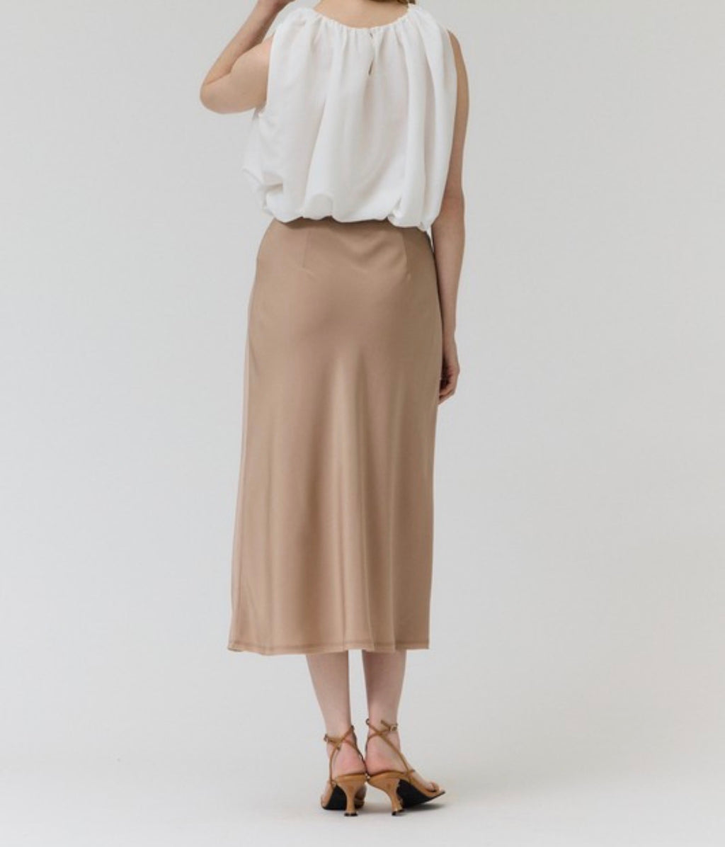 SIENNA SATIN MIDI SKIRT — CHAMPAGNE