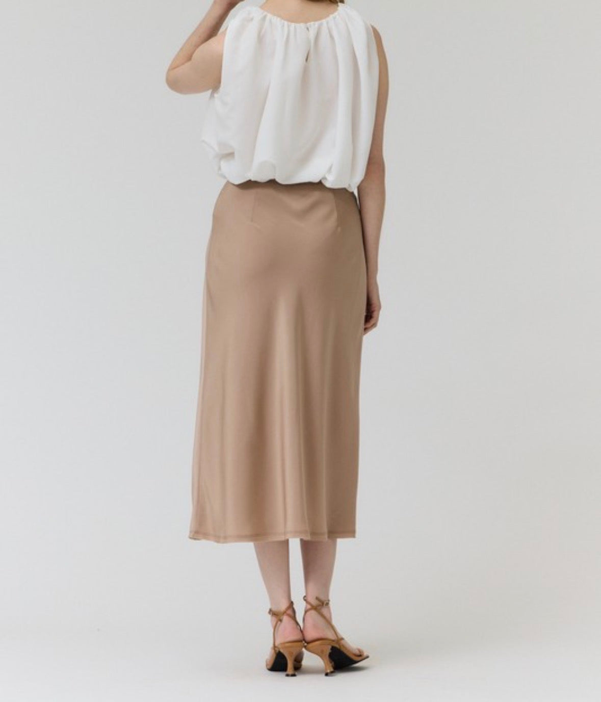 SIENNA SATIN MIDI SKIRT — CHAMPAGNE