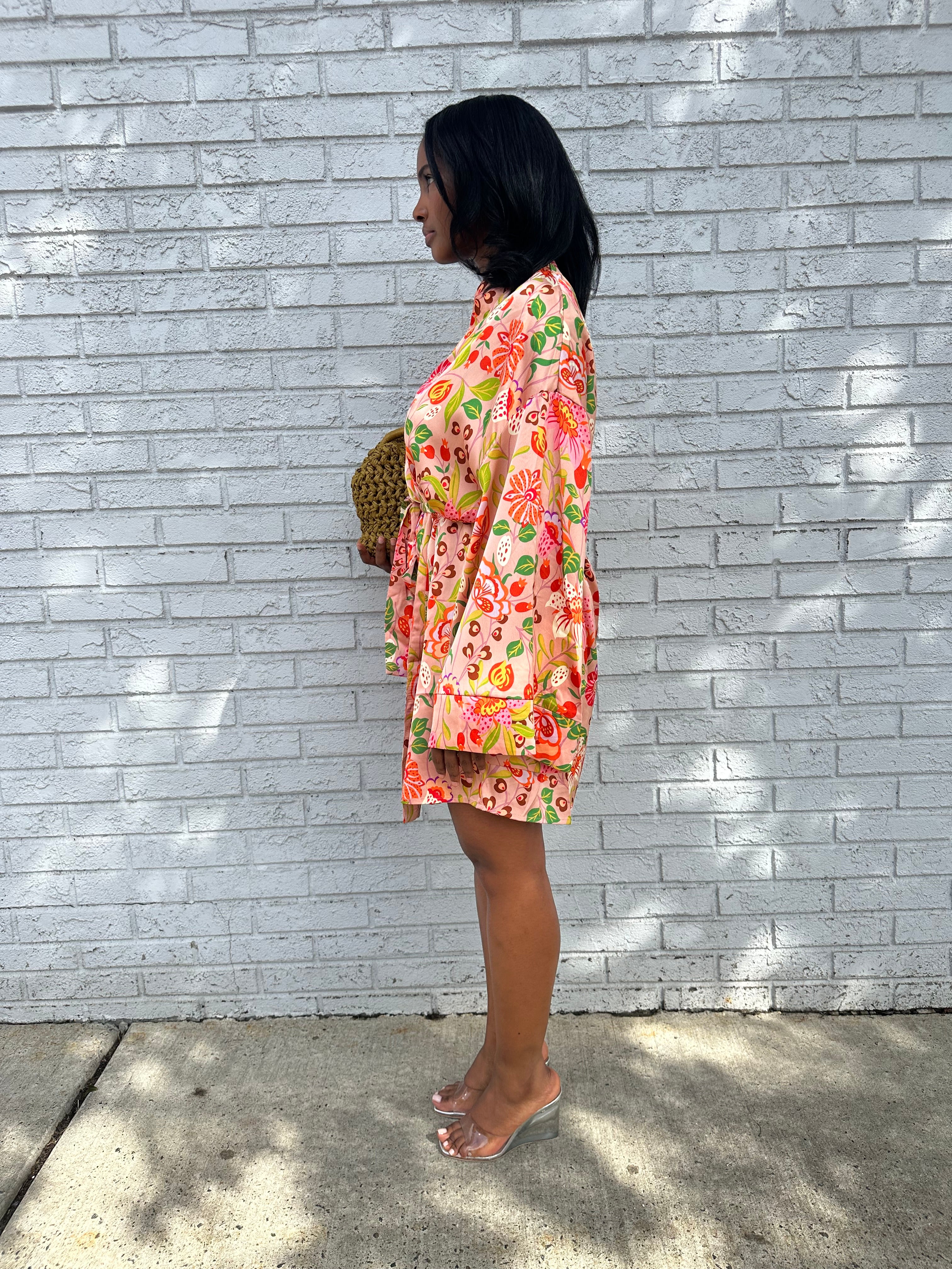 Apricot floral kimono dress