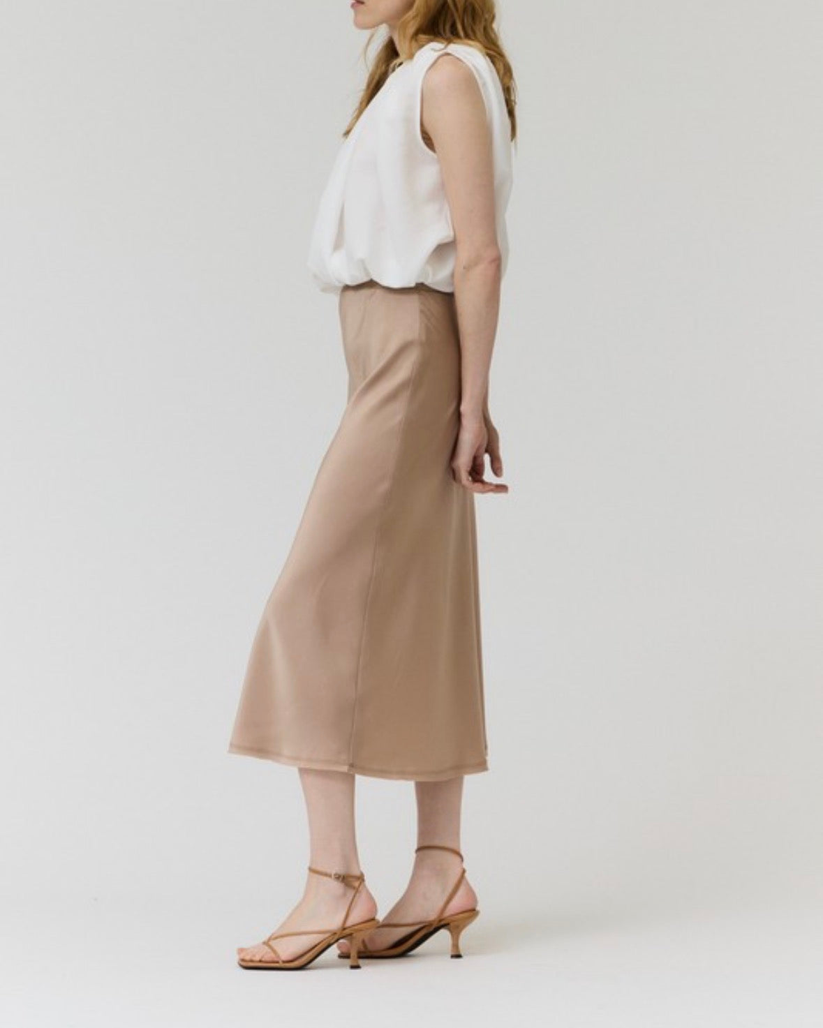 SIENNA SATIN MIDI SKIRT — CHAMPAGNE