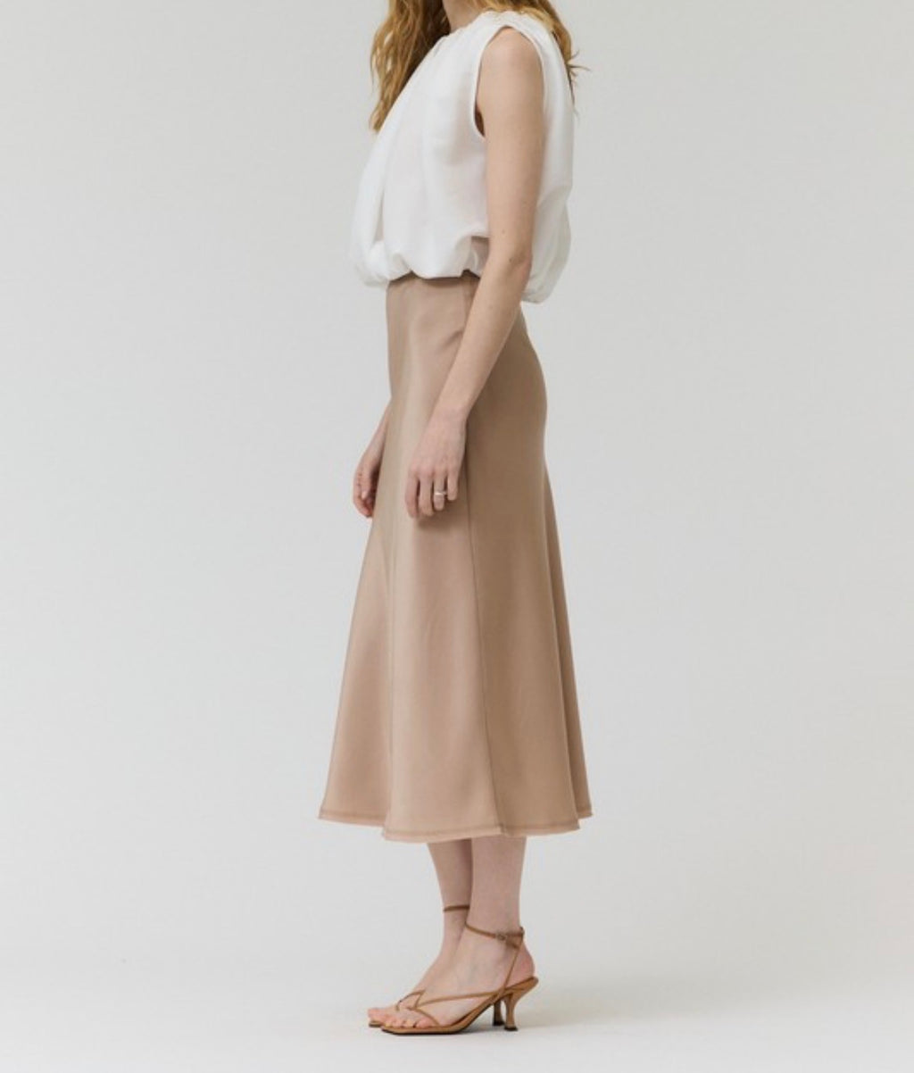 SIENNA SATIN MIDI SKIRT — CHAMPAGNE