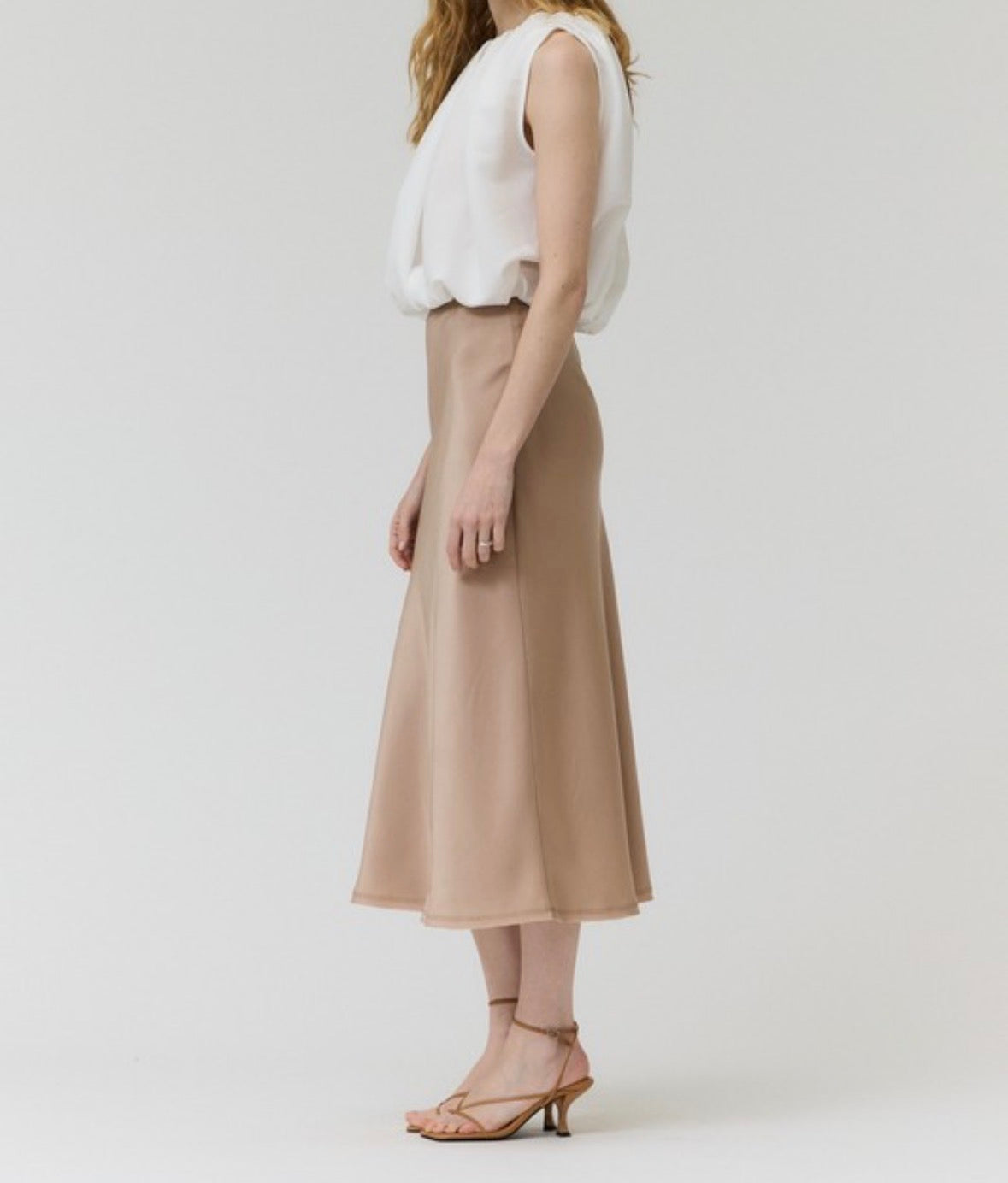 SIENNA SATIN MIDI SKIRT — CHAMPAGNE