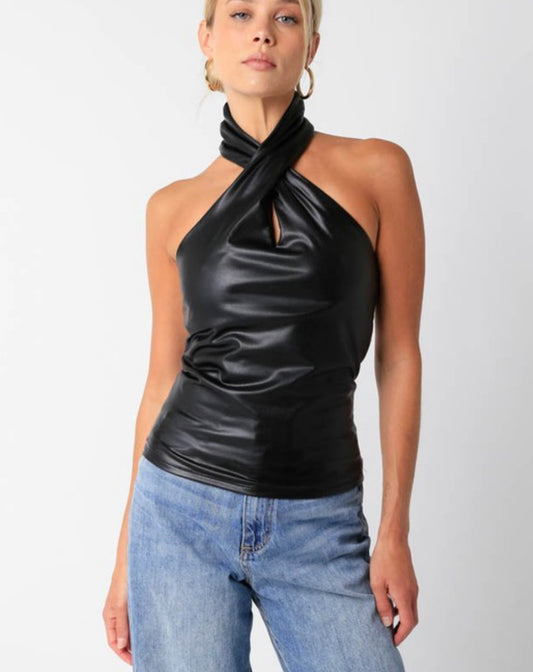 Lori black faux leather top